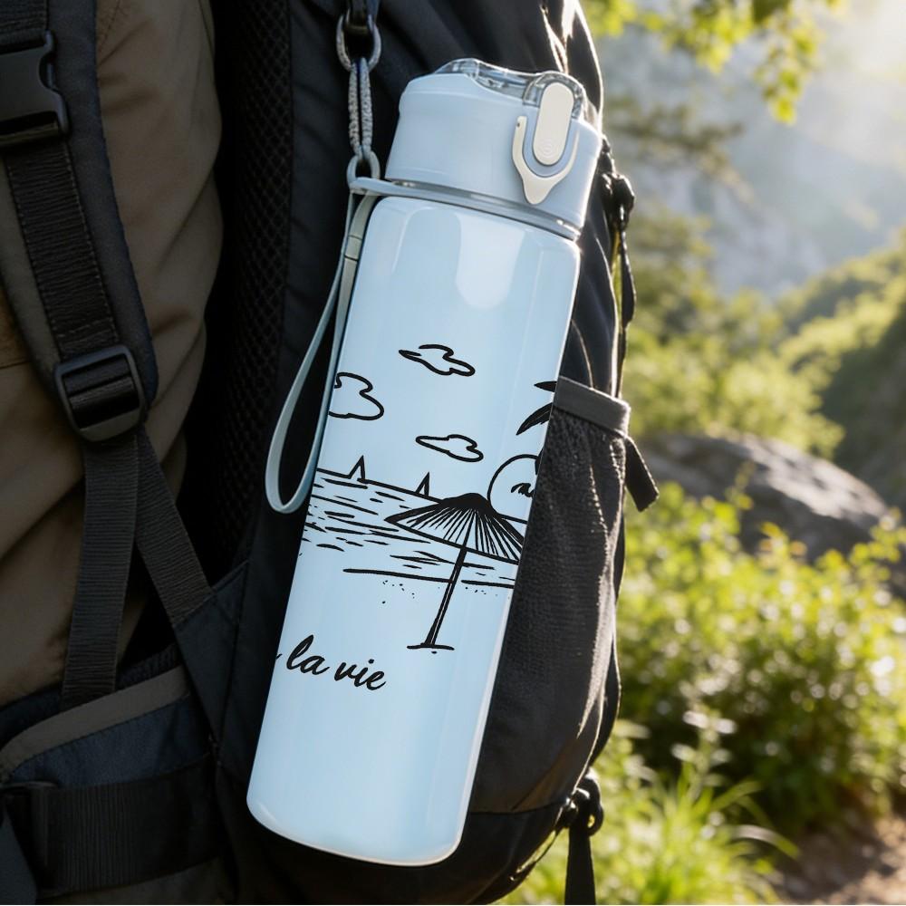 1PC Palm Tree Beach Sketch Art 750ml Color Plastic Sports Water Bottle Leakproof Flip Straw Lid Suitable for Sports Office Home Use
