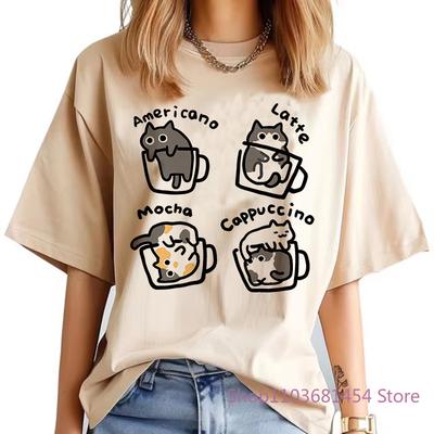 Kadın Tişört Kedi Kahve Saf Trend Yaz İnce Kısa Kollu Tişört Kadınlar Mocha Latte Kedi Eğlenceli Kedi Üst Tişörtler