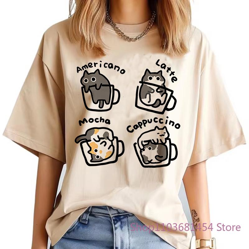 Female T Shirt Cat Coffee Pure Trendy Summer Slim Short Sleeved T-shirt Women Mocha Latte Cat Fun Cat Top Tees