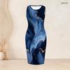 Women Plus Size Two Piece Set Blue Printed Long Sleeve Draped Cardigan Sleeveless Bodycon Dress