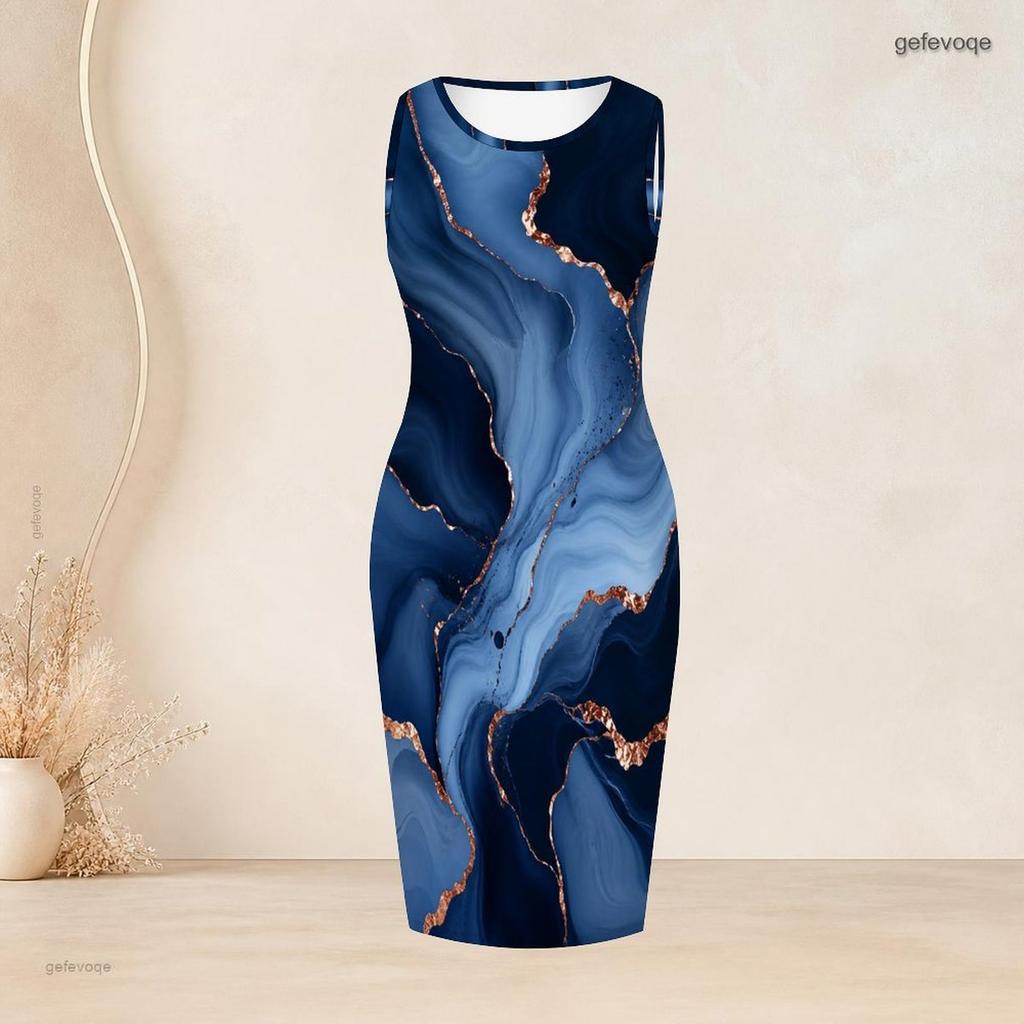 Women Plus Size Two Piece Set Blue Printed Long Sleeve Draped Cardigan Sleeveless Bodycon Dress