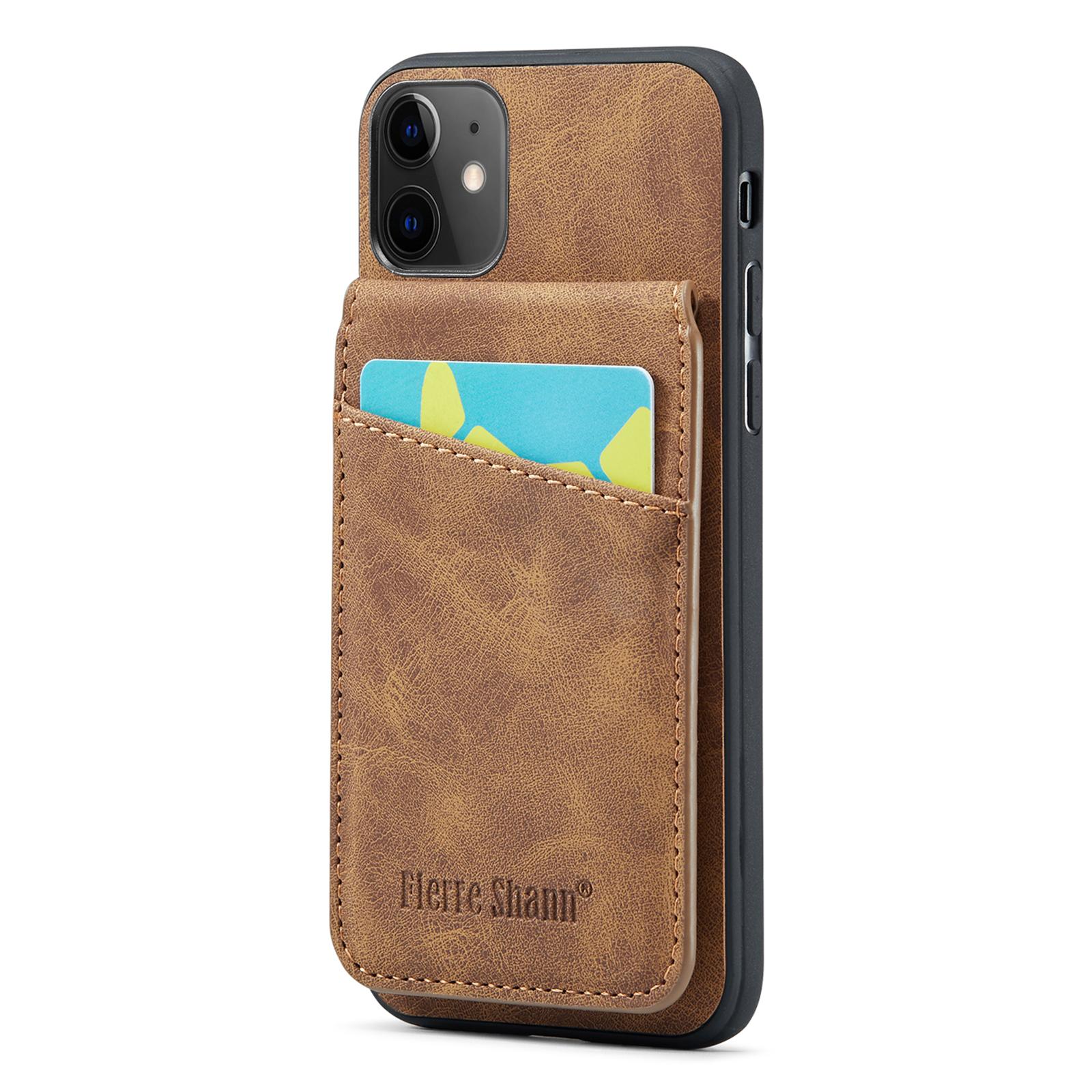 

FIERRE SHANN Kickstand Phone Cover for iPhone 11 Crazy Horse Texture PU Leather+TPU Card Slot Case Brown