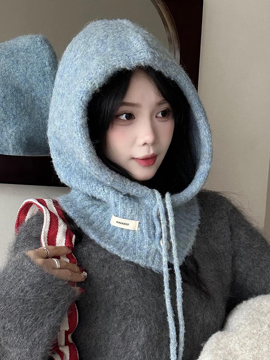 

Женская корейская шерстяная балаклава: Ветрозащитная, теплая вязаная шапка с ушами для осени и зимы One Size