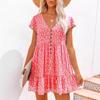 Europe, America, Spring and Summer V-neck Button Small Floral Short-sleeved Loose Casual Dress Women's Clothing