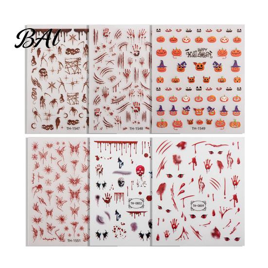 Salon Nail Accessories 6 Sheets Halloween Stickers for Women, Pumpkin Ghost Bat Skull Women Manicure Decoration Decals, Art Home Supplies