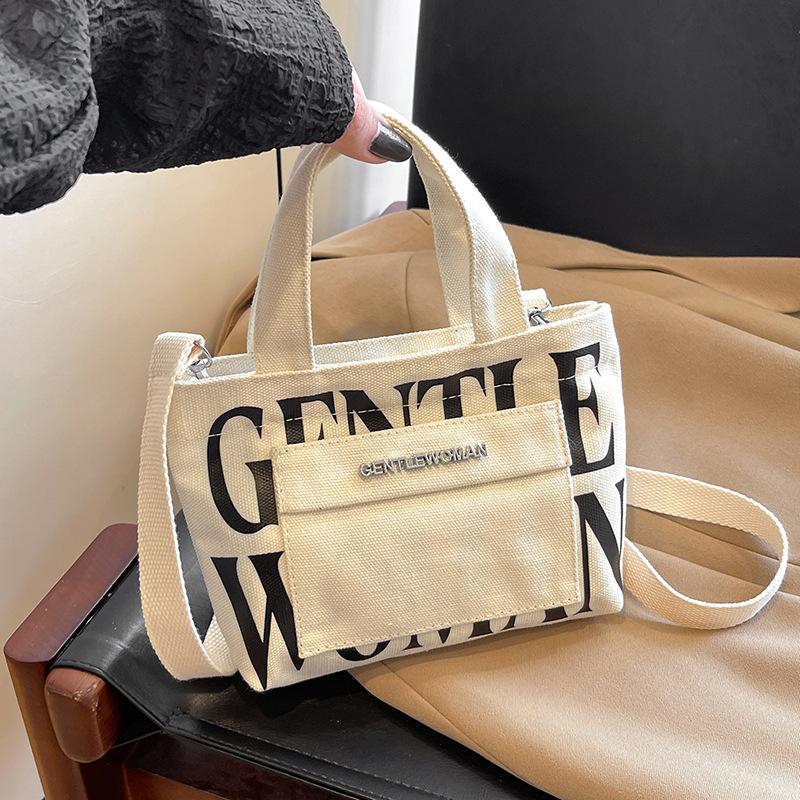 Hardware Mini Letter Printed Portable Canvas Bag Contrast Color Casual Shoulder Bag