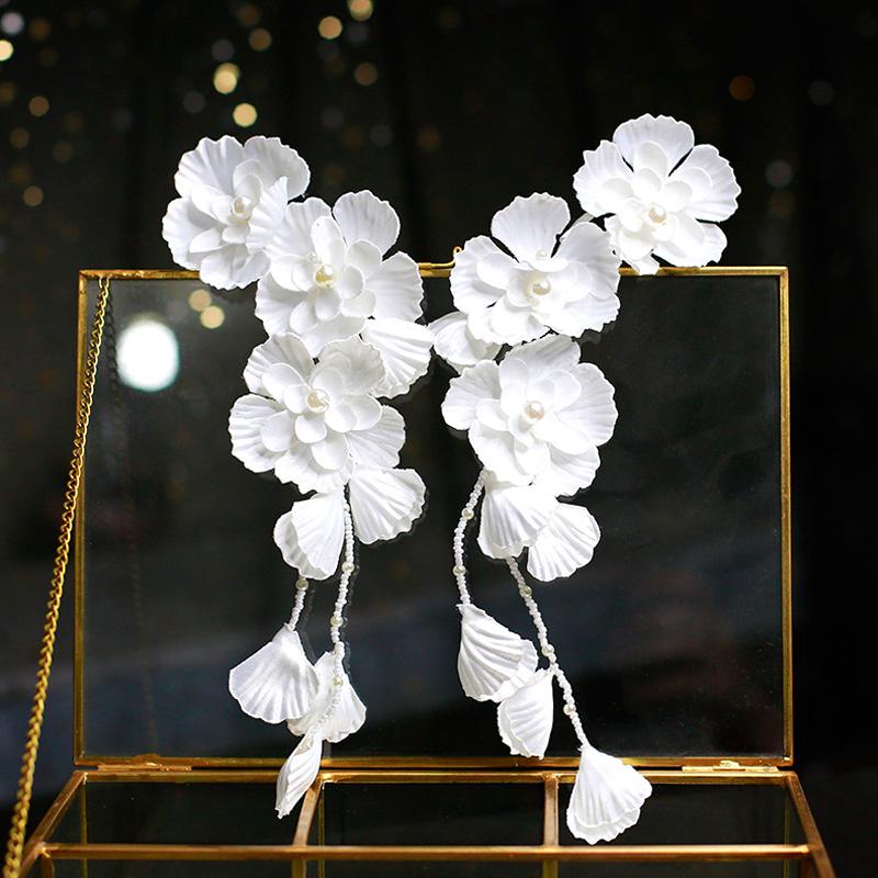 

WomenFlower Ear Hanging Earrings Tassel White Flower Ear Hang Hair Band Pearl Earrings