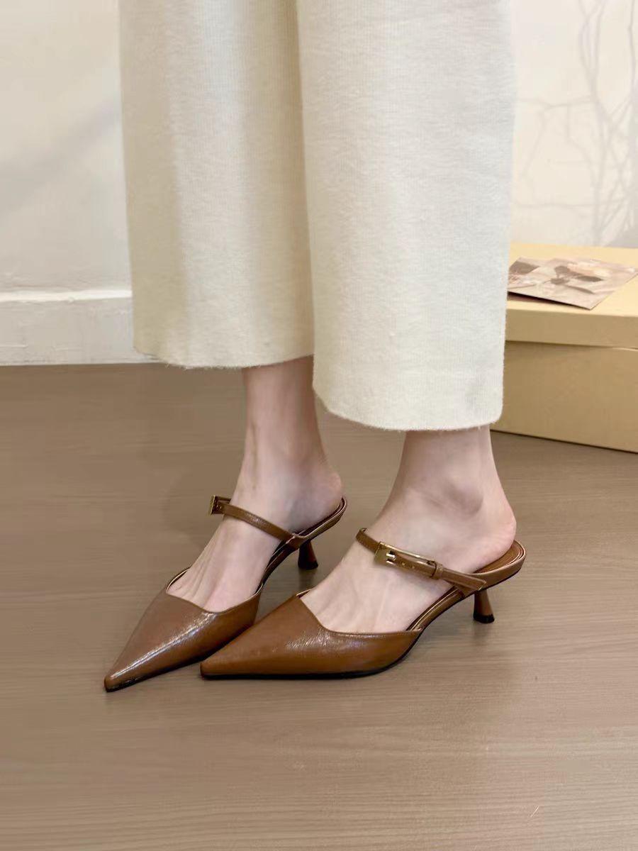 

Французские черные туфли на среднем каблуке с сумкой на голове, женские туфли, новинка 2025 года, светская львица, полутапочки, одинарные туфли 42