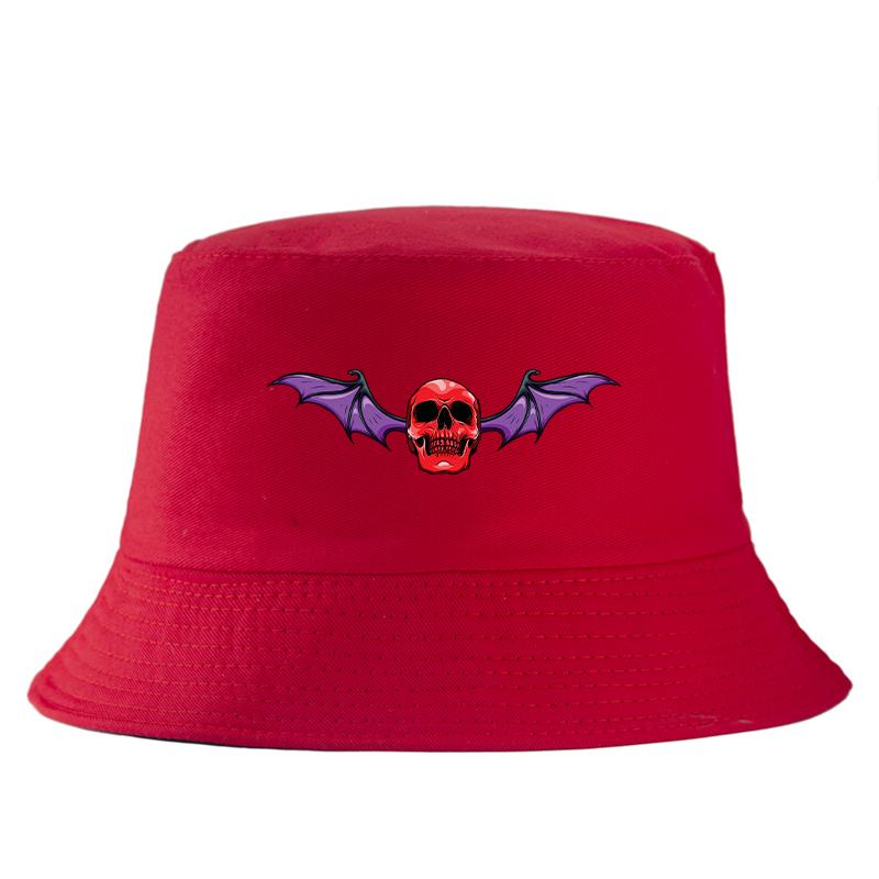 Skull Bat Wings Bucket Hat Gothic Punk Red Skeleton Sun Cap for Women Unisex Cotton Outdoor FisherUnisex Hat Hip Hop Streetwear Bob Hat girth 56-58cm
