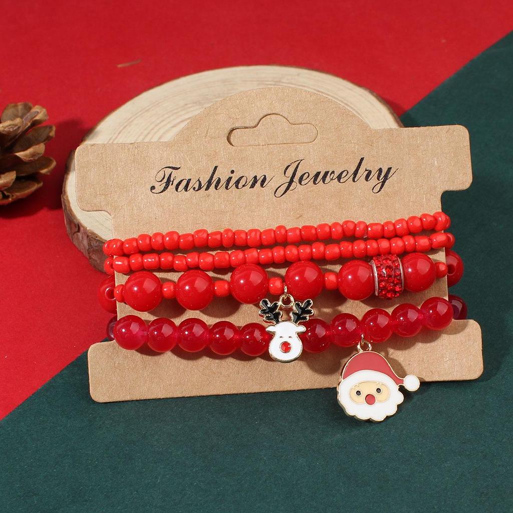 Holiday Pearl Beaded Bracelet Set with Santa & Reindeer Charms - Unisex Festive Hand Rope