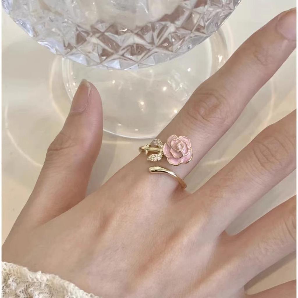 [Delicate and charming] Pink rose set open ring ins trendy sweet versatile temperament gentle ring