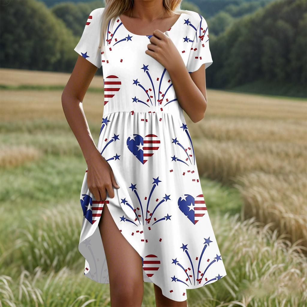 Women's Casual Fashion Round Neck Short Sleeve Independence Day Printed Midi Dress