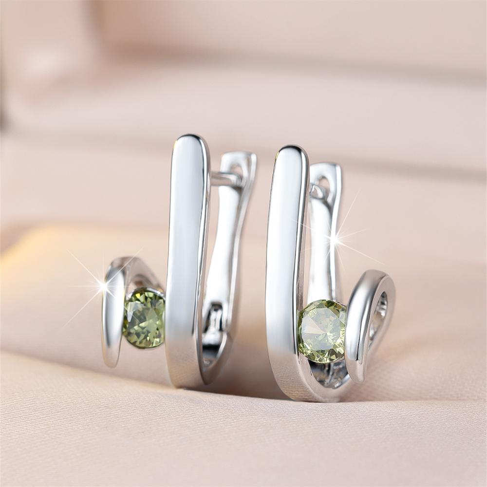 Оливково-зеленые циркониевые серьги-кольца с круглыми камнями для женщин, винтажные серьги-пряжки серебристого цвета, свадебные украшения, подарок для помолвки