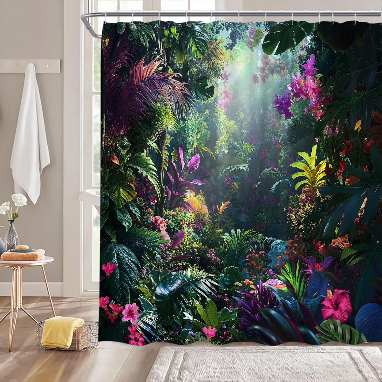 

Green Forest Shower Curtain Nature Landscape Tropical Plant Tree Rainforest Jungle Colorful Flowers Natural Scenery Fabric W60H190(CM)-1 Pcs