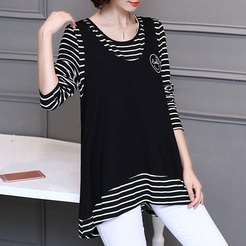 2025 Stilvolle Fake Zweiteiler Gestreifte Pullover Lässig Patchwork Damenbekleidung Koreanisch Locker Frühling Herbst Langarm T-Shirt