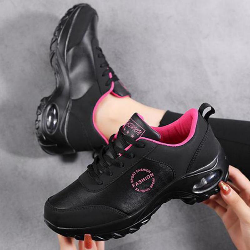 Fashion Winter Women's Leather Sneakers Black Wedge Thick Sole Platform Sneakers Women Air Cushioned Autumn Lightweight Sports Shoes