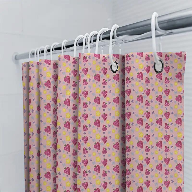 Cute Pink Strawberry Floral Shower Curtain Waterproof Farmhouse Bathroom Decor Set