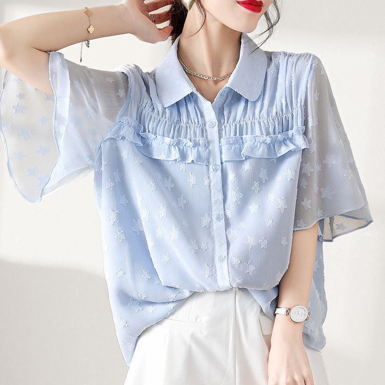 Chiffon Top Damen Sommermode Rüschen Locker und Vielseitig Nischen Chic Shirt