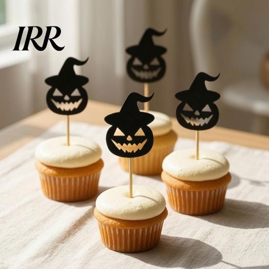 Dark Halloween Party Decoration 8 Pcs Cupcake Toppers, Black Glitter Witch Hat Pumpkin Durable Cake Toppers for Parties Picks Supplies, Birthday