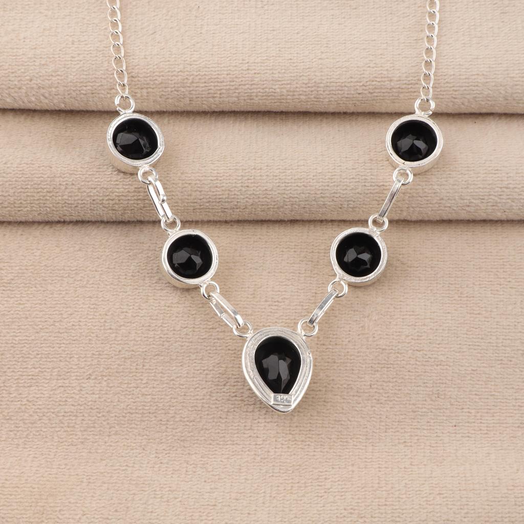 Collana d'Argento con Pietra di Onice Nera 16-18", Gioielli in Argento Sterling 925, Gioielli Mese di Nascita Luglio, Collana da Matrimonio in Onice Per Lei RN-3-22
