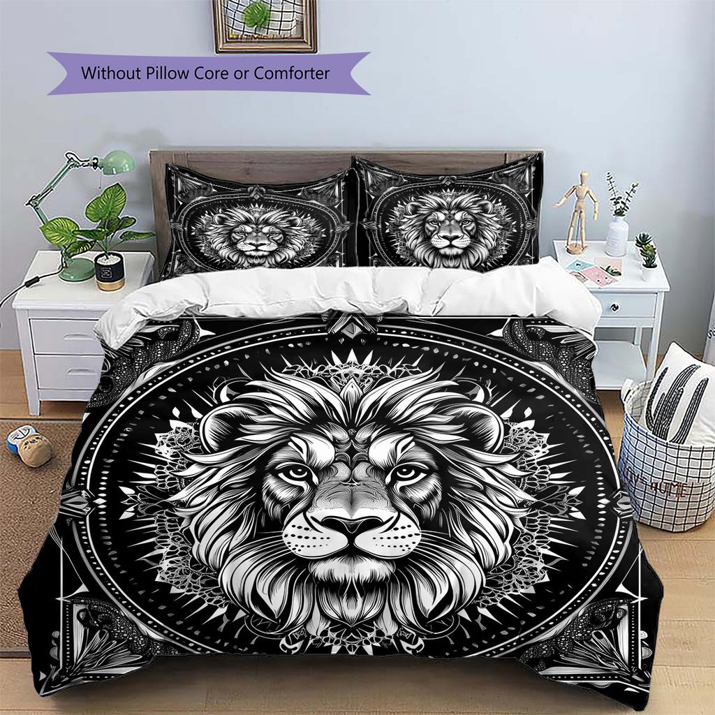 Black and White Lion Pattern Bedding Quilt Set  Home Decoration  Gift (1 * duvet cover + 2 * pillowcase  without core)