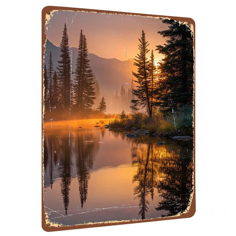 

Morning Mist Forest Lake Sunrise Landscape Metal Tin Sign Wall Art Home Decor 20x30cm（7.8x11.8inch）