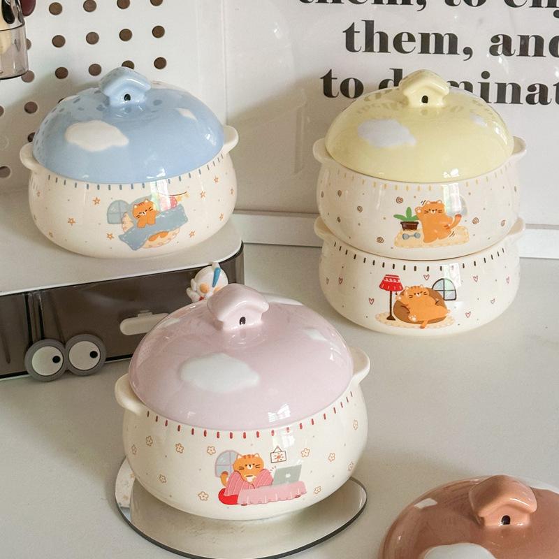 Ins Cute Ceramic Steamed Egg Bowl with Lid Crock Pot Binaural Stew Cup Soup Cup Household Steamed Egg Custard Children's Special Bowl