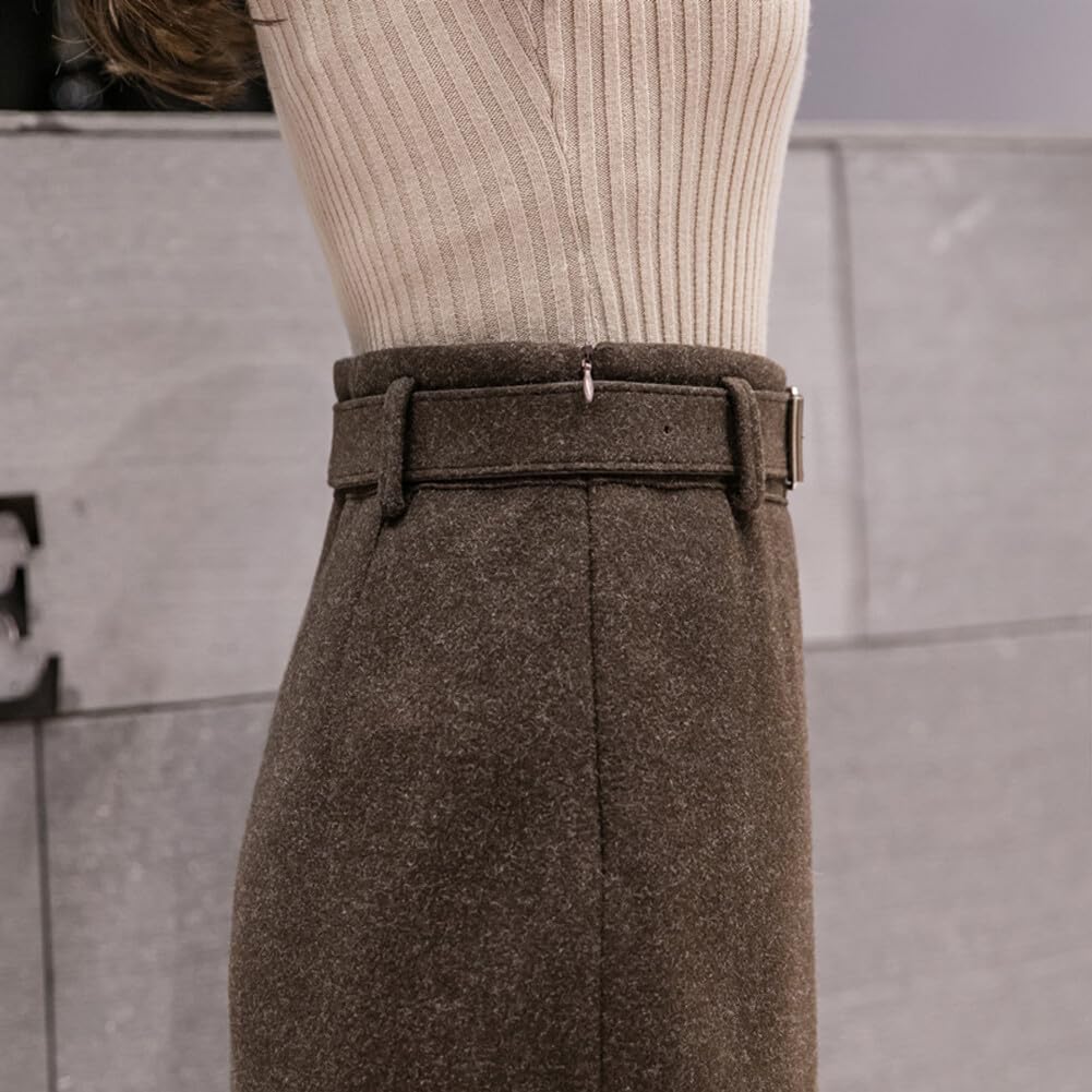 FYBownot Slim Wool Skirt with Slit and Belt for Perfect for and Business Suits Women's Knee-Length Fall/Winter, Office, Commuting,