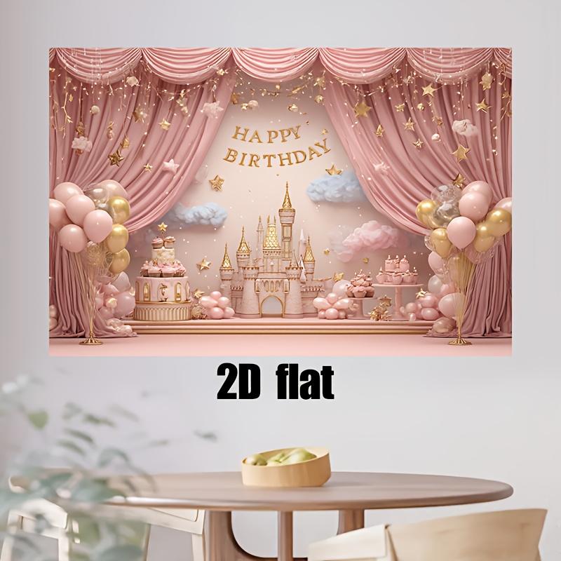1 Piece 2D Flat Banner - Fantasy Castle Birthday Party Background: Stars, Balloons and Clouds Surround It.
