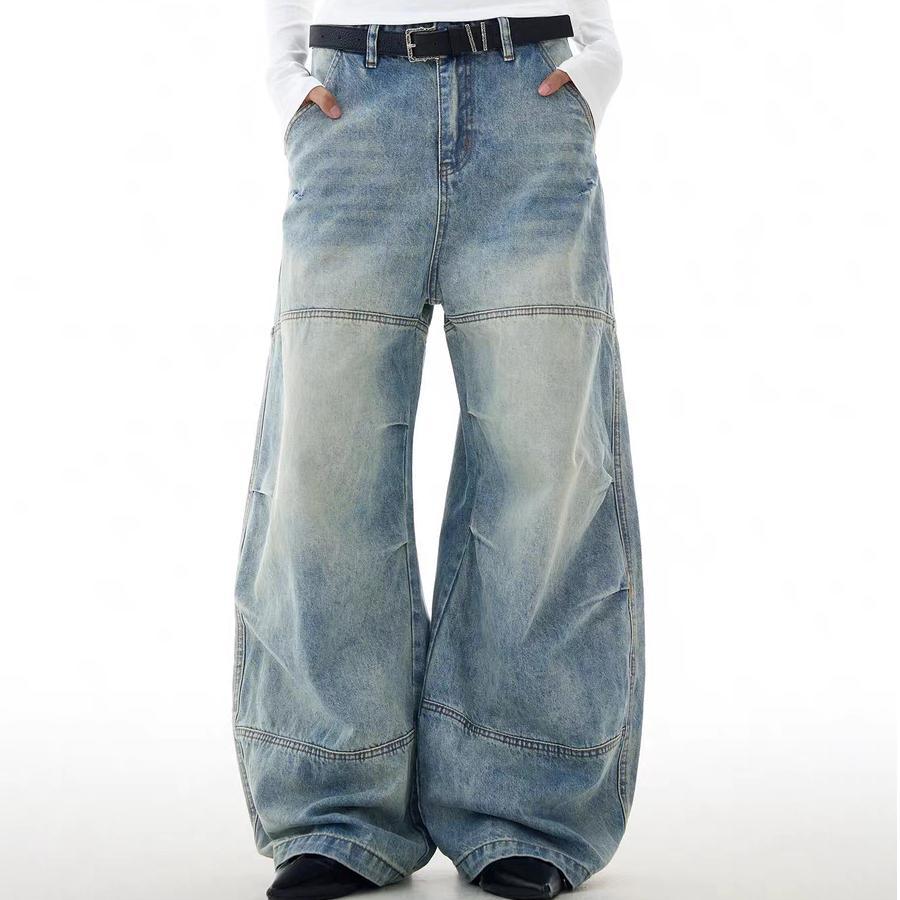 Retro straight ripped American versatile wide-leg pants long feel loose and old design jeans men's summer washing