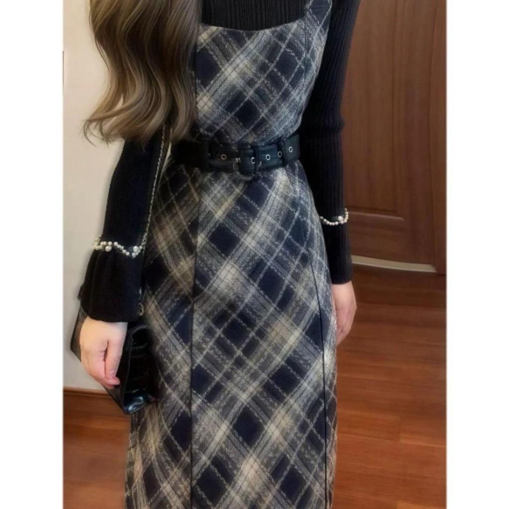 Plaid Wool Suspender Dress & Bell Sleeve Sweater Set - Slimming Waist, Autumn/Winter.