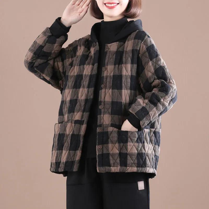 Women's Autumn and Winter Plus Cotton Warm Hooded Cotton-Jacket - Casual Plaid Loose Single-Breasted Coat