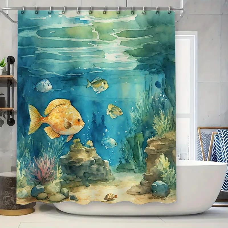 Underwater Life Animal Pattern Bath Curtain for Bathroom Decor Watercolor Blue Green Fish Seashells Design Shower Panel