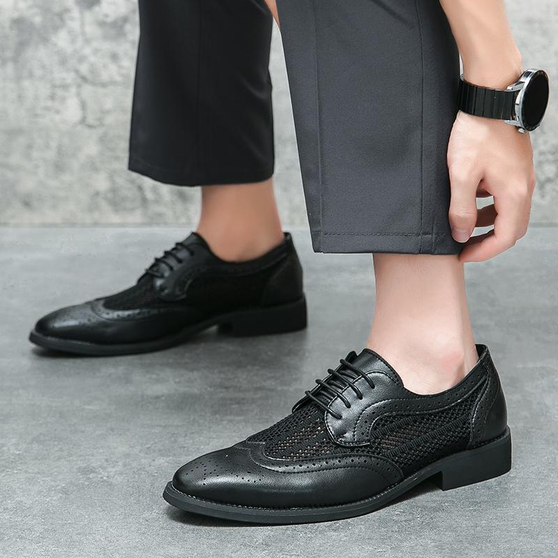 Fashion New Men's Pointed Black Air Mesh Mixed Breathable Dress Casual Oxford Shoes Wedding Dress Business Homecoming Footwear