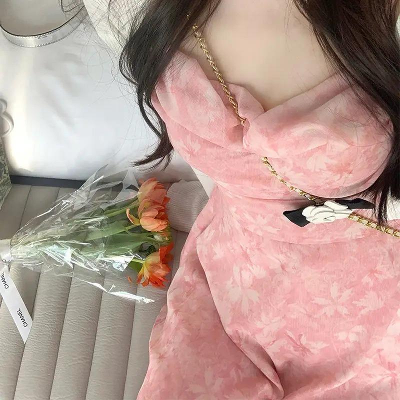 Y2K Pink Romantic Floral Spaghetti Slip Dress Women 2022 Summer Slim Elastic High Waist Party Club Mini Dresses