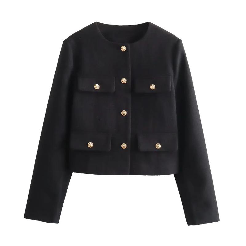 Women Fashion Autumn Winter Single-breasted Textured Round Neck Flip Pocket Short Jacket Coat Chic Ladies Tops Mujer