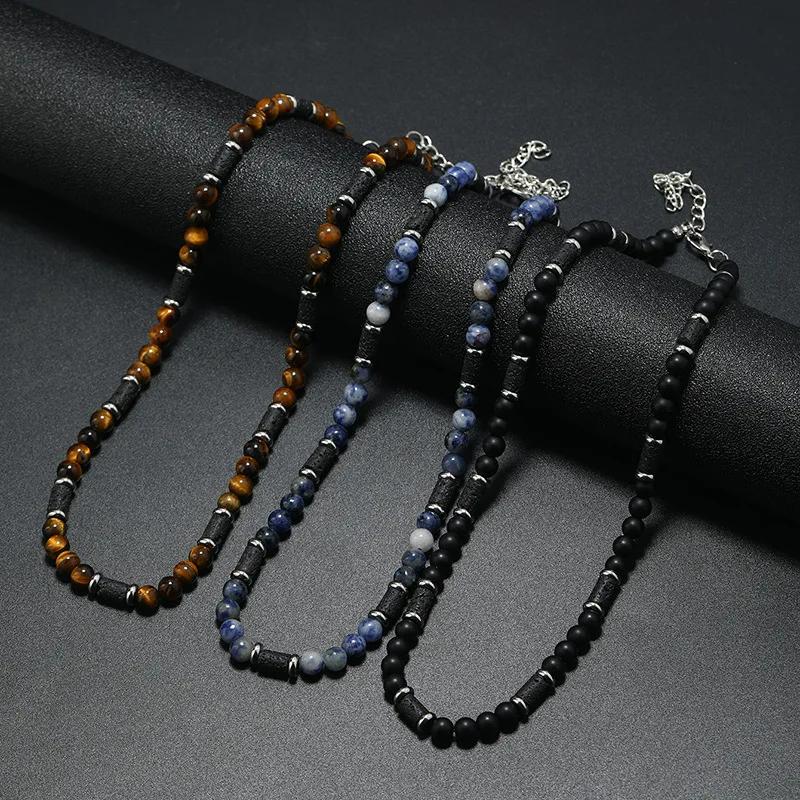 New Bohemian Men's Beaded Necklace Tiger Stone Natural Stone Fashion Trend Design Minimalist Necklace Commemorative Gift