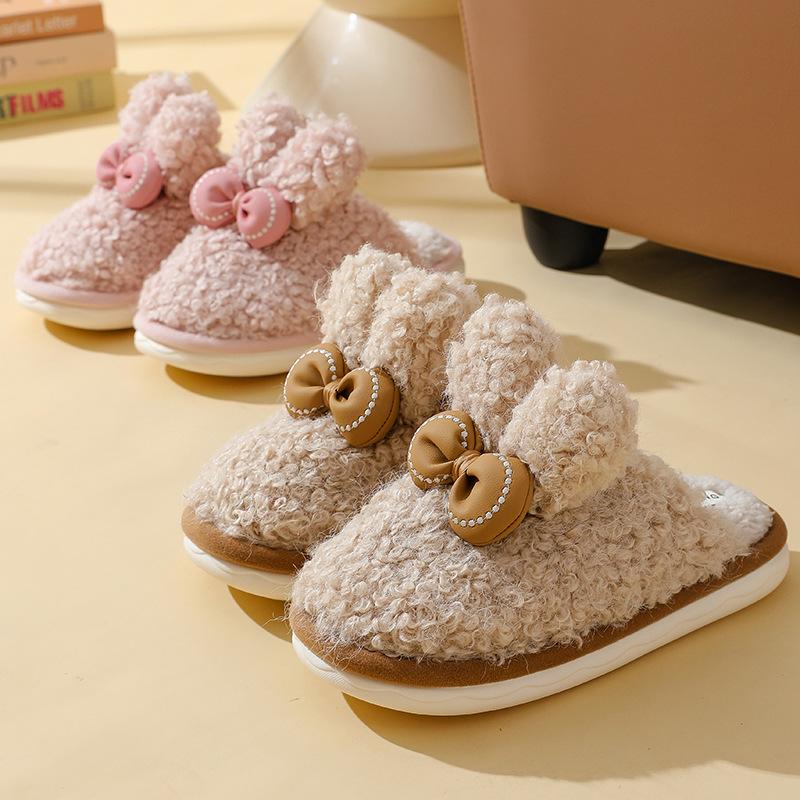 Rabbit ear bow cotton slippers women's winter home couple thickened non-slip soft bottom fluffy thickened warm
