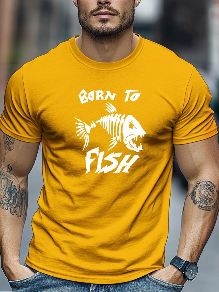 New Unisex Black Crew Neck Tee Born To Fish Angry Fish Skeleton Graphic Retro Fishing Hobby Outdoor Soft Cotton Male Casual Tops