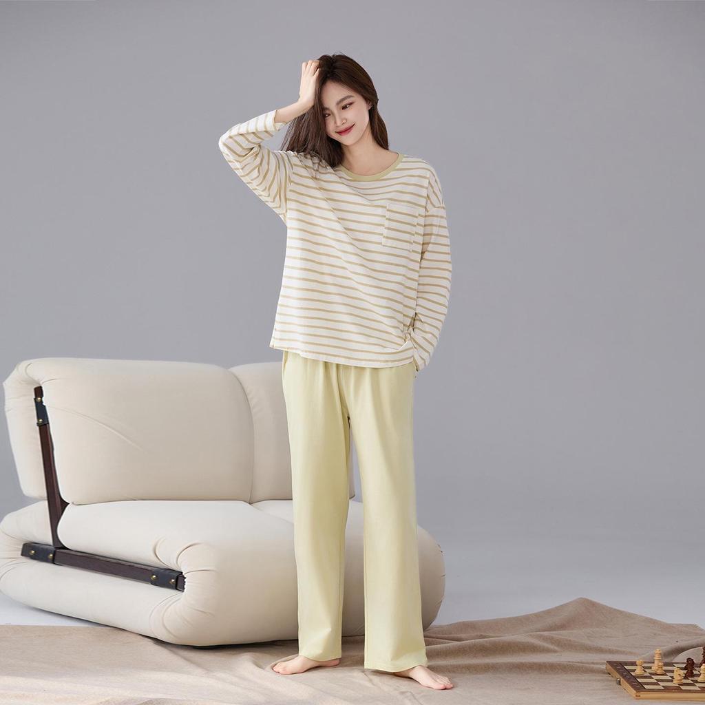 Women's Pure Cotton Pajamas with Chest Pad - Long Sleeve, Plus Size, for Autumn/Winter. Wearable Outdoors, Loose Fit Homewear.