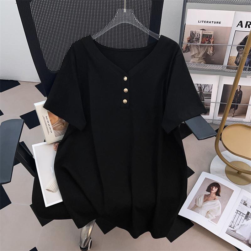 Women's Plus Size V-Neck Mid-Length Loose Fit Short-Sleeve T-Shirt (200-350 Jin)