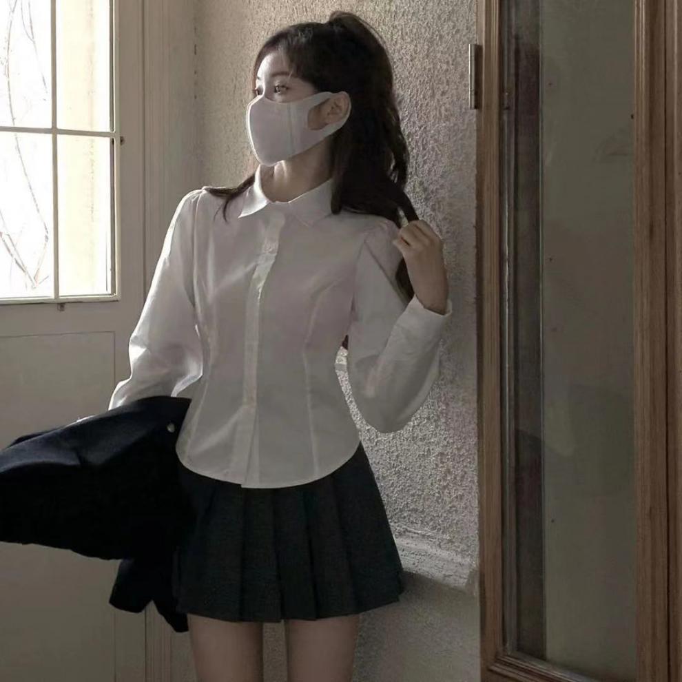 Sweet Spicy College Style Long Sleeved White Shirt Women Autumn Waist Cinching Slim Effect Uniform Shirt Unique Design and Chic Top