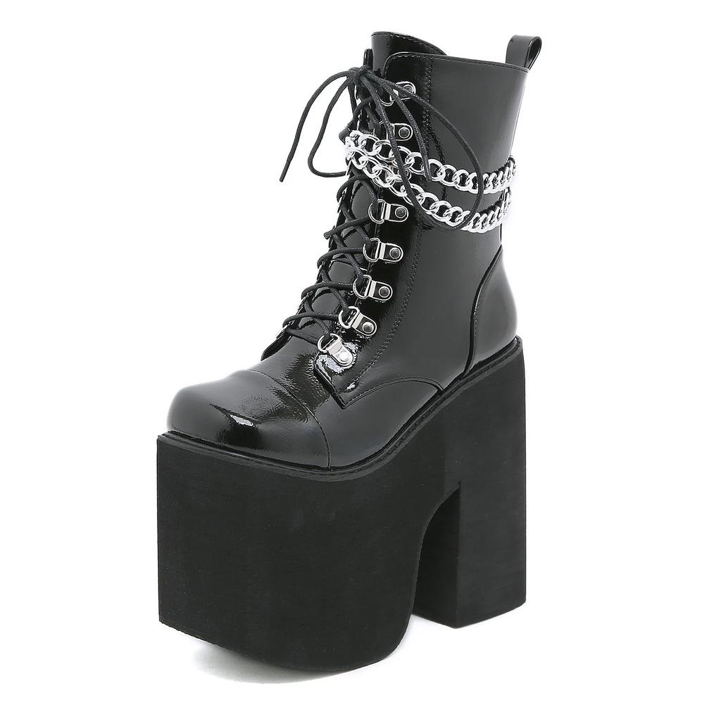 Fashion Woman Lace Autumn Boots Womens Ladies Chunky Wedge Platform Black Patent Leather Ankle Boots Punk Goth New Arrival 2025