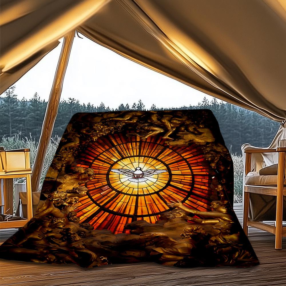 1pc Stained Glass Window Print Outdoor Blanket, Lightweight Polyester,