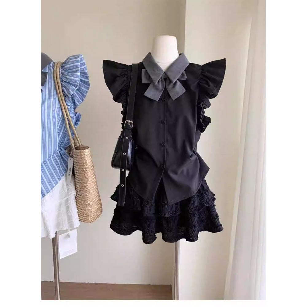 

Элегантная блузка в полоску с рукавами-крылышками в стиле преппи для женщин M (90-100 lbs) чёрный