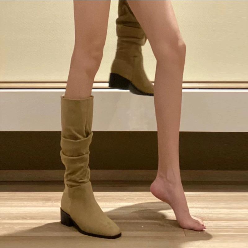 Wrinkled Boots Long Tall Boots Apricot Boots Autumn and Winter New Western Cowboy Boots Women's Boots Solid Color