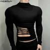 INCERUN Magliette intime casual aderenti a maniche lunghe con collo alto e cut-out con fasce da uomo