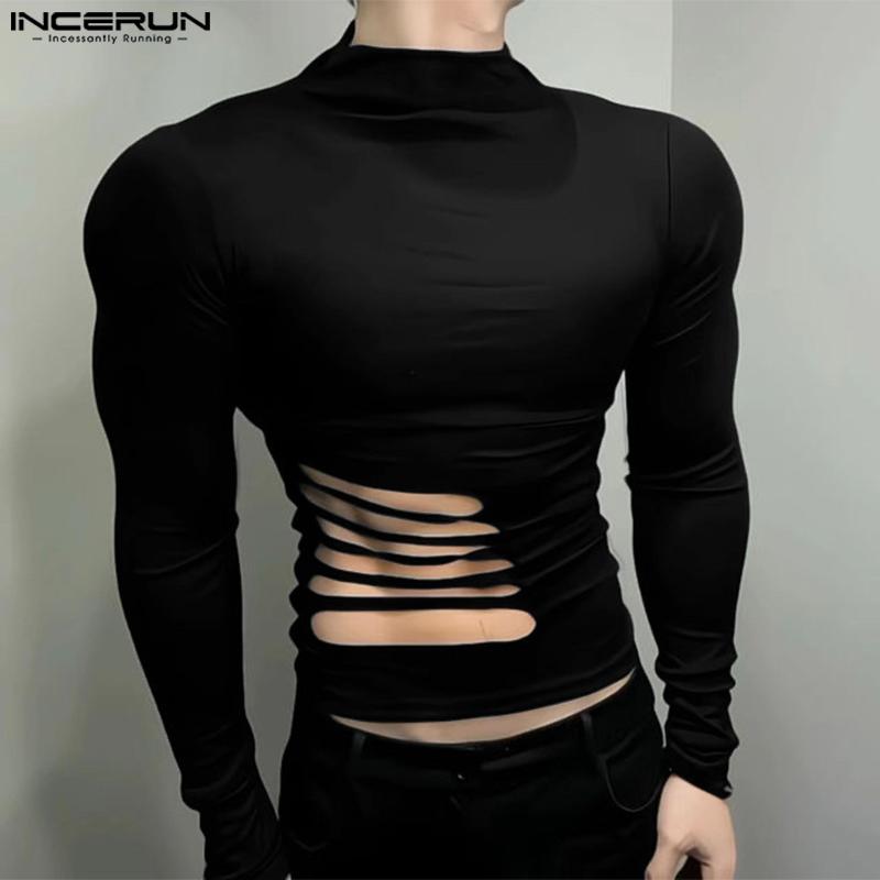 INCERUN Magliette intime casual aderenti a maniche lunghe con collo alto e cut-out con fasce da uomo