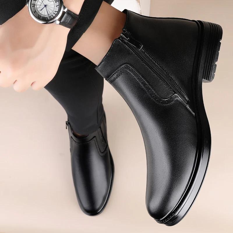 Genuine Leather Men's Boots Luxury Brand Italian Designer Dress Boots 2024 Short Plush Boots for Men Comfy Business Casual Shoes