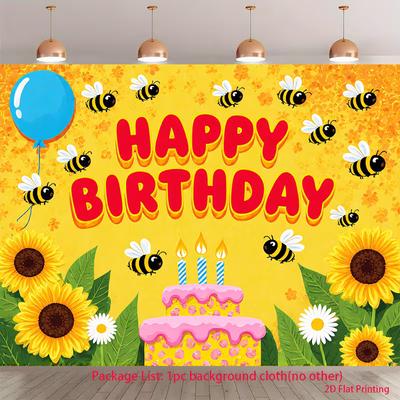 2D Yellow Bee Birthday Backdrop, Sunflower Happy Birthday Background for Photoshoot